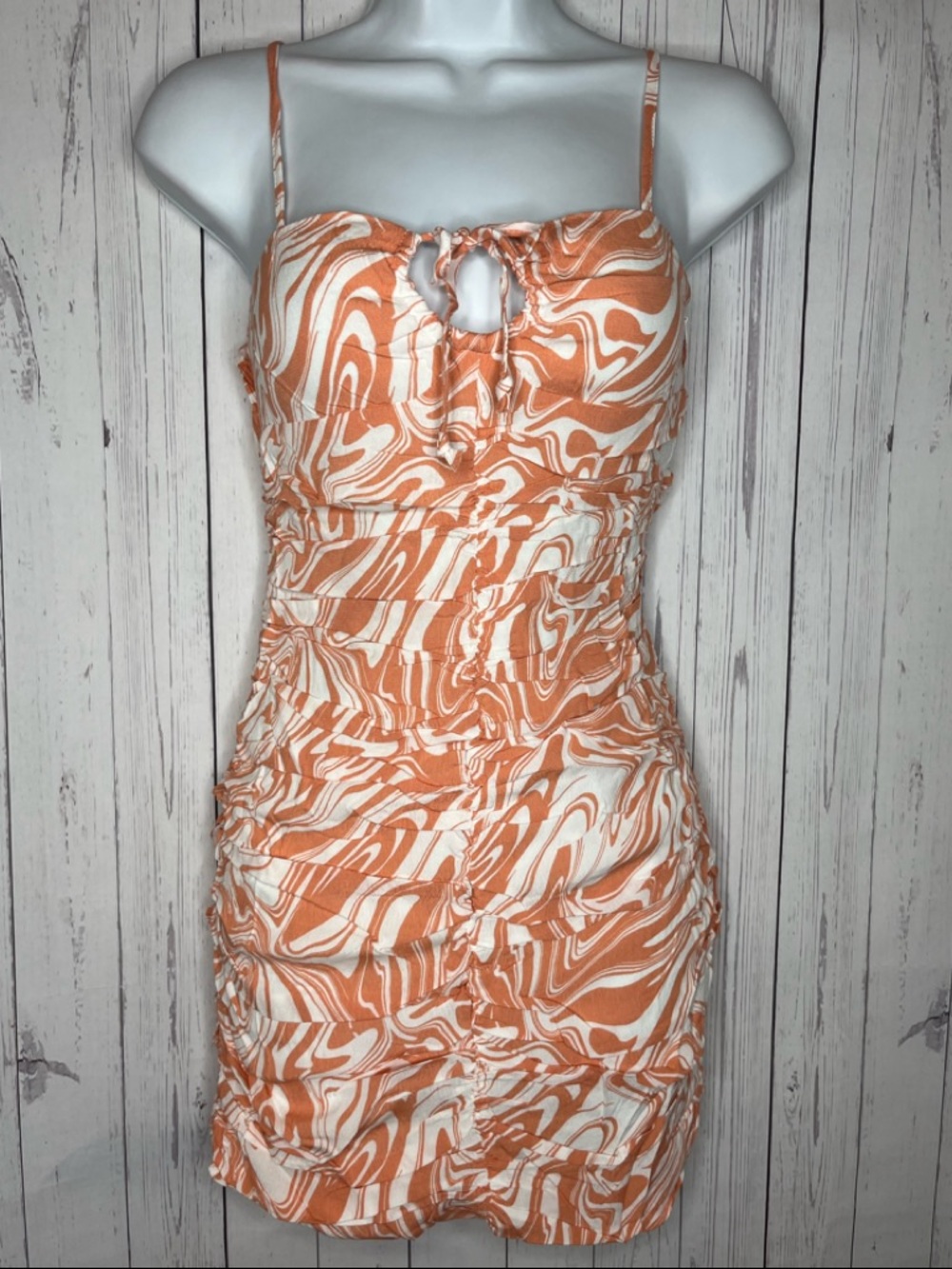 Sky To Moon Women’s Ruched Orange Swirl Mini Dress Size Small Summer NWOT
